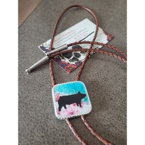 Handmade Unique Cowgirl art Bolo Tie necklace, Pig Bolo tie Western Necklace